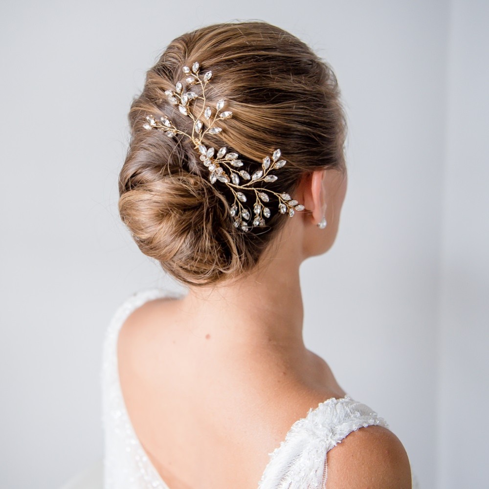 Photograph of Rhea Gold Crystal Spray Wedding Hair Comb