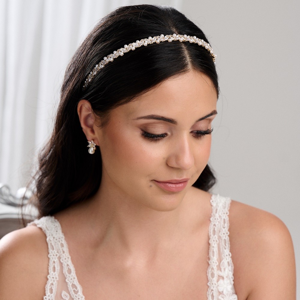 Photograph of Rochelle Gold Narrow Crystal and Pearl Headband