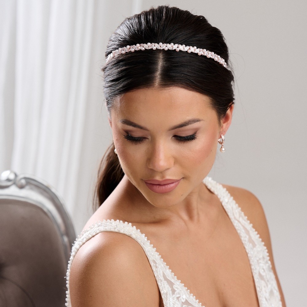 Photograph of Rochelle Rose Gold Narrow Crystal and Pearl Headband