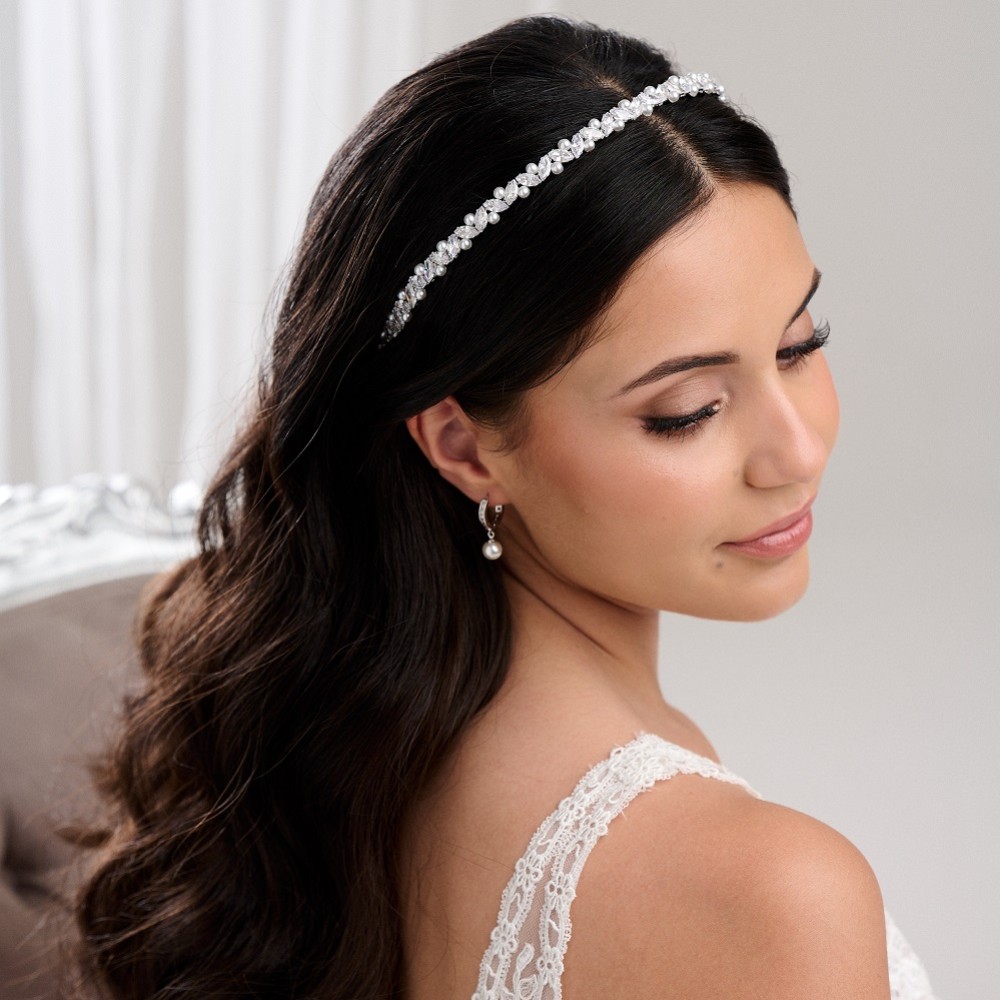 Photograph of Rochelle Silver Narrow Crystal and Pearl Headband
