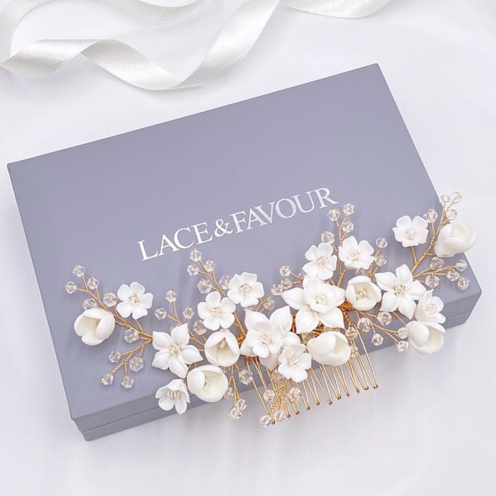 Photograph of Rosewood Porcelain Flowers and Crystal Hair Comb (Gold)