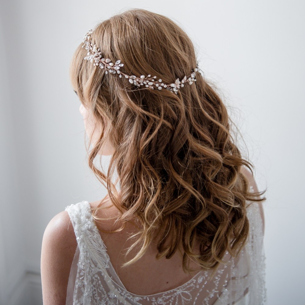 Photograph of Roxanne Long Freshwater Pearl and Crystal Rose Gold Hair Vine