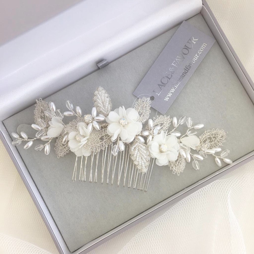 Photograph of Sabrina Beaded Leaves and Opal Crystal Ivory Flowers Hair Comb