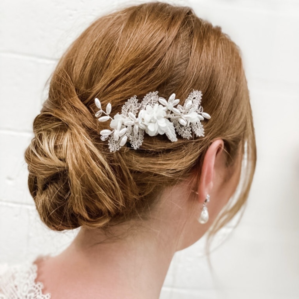 Photograph of Sabrina Mini Beaded Leaves and Opal Crystal Flowers Hair Comb