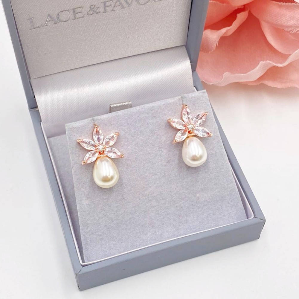 Photograph of Sahara Rose Gold Crystal Leaves and Teardrop Pearl Earrings