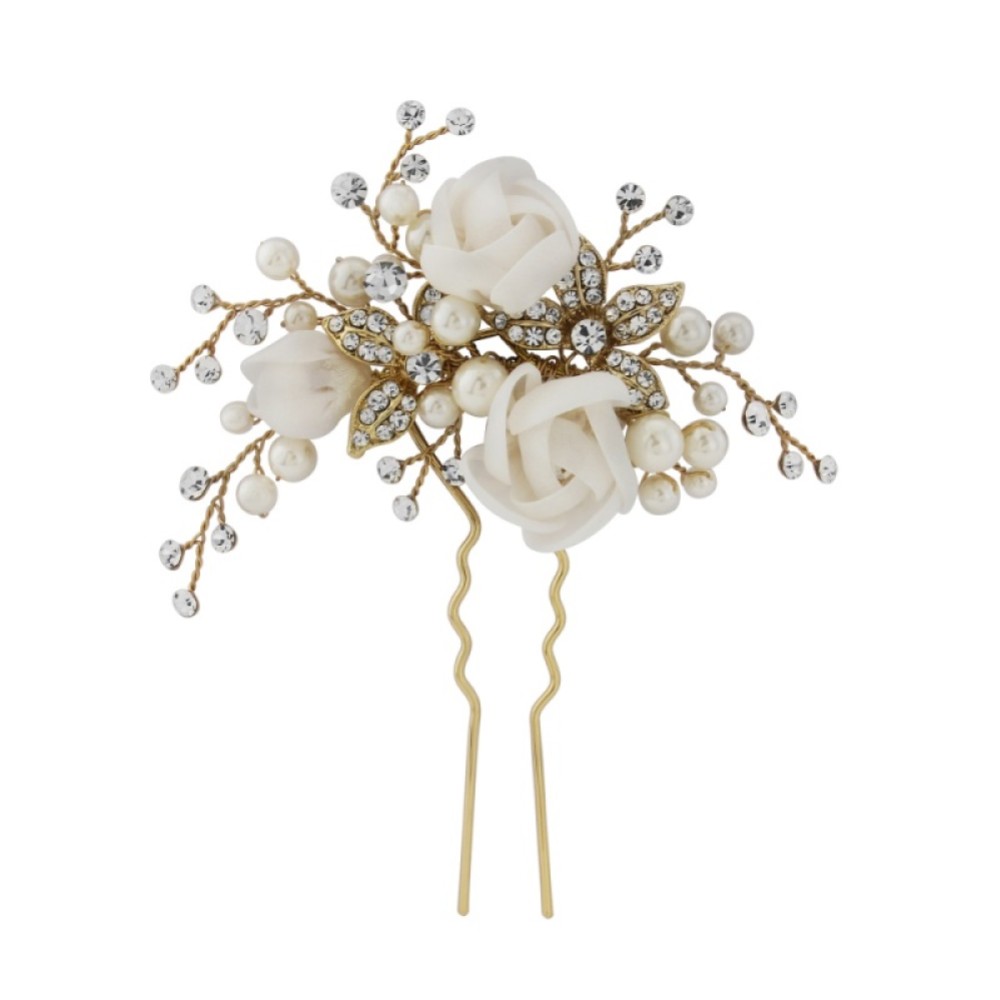Photograph of SassB Freya Luxe Floral Pearl and Diamante Bridal Hair Pin (Gold)