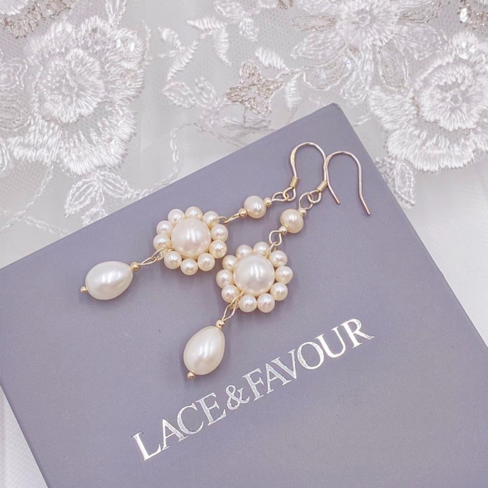 Photograph of Selaina Floral Freshwater Pearl Chandelier Earrings