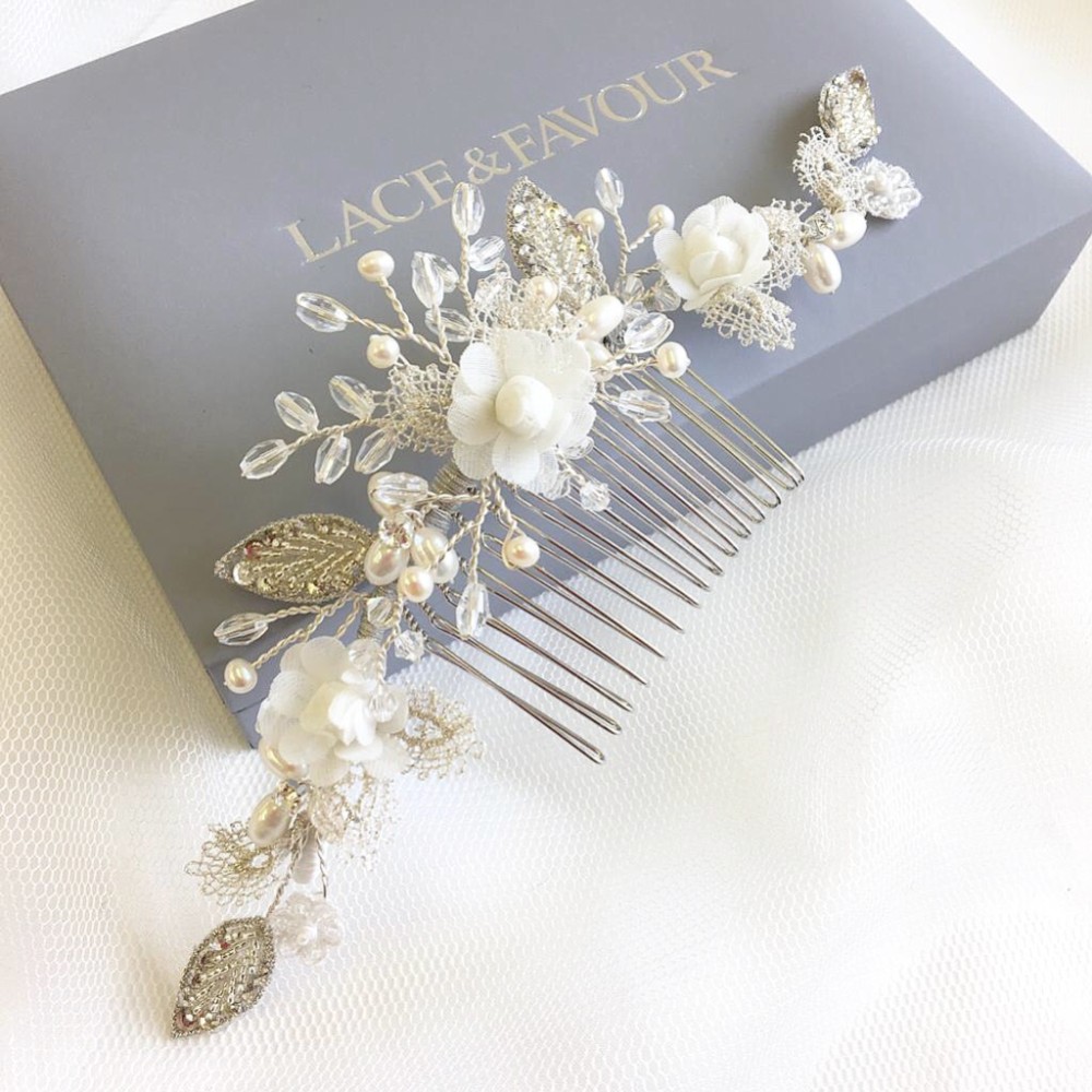 Photograph of Tabitha Silver Leaves and Ivory Flowers Pearl Hair Comb