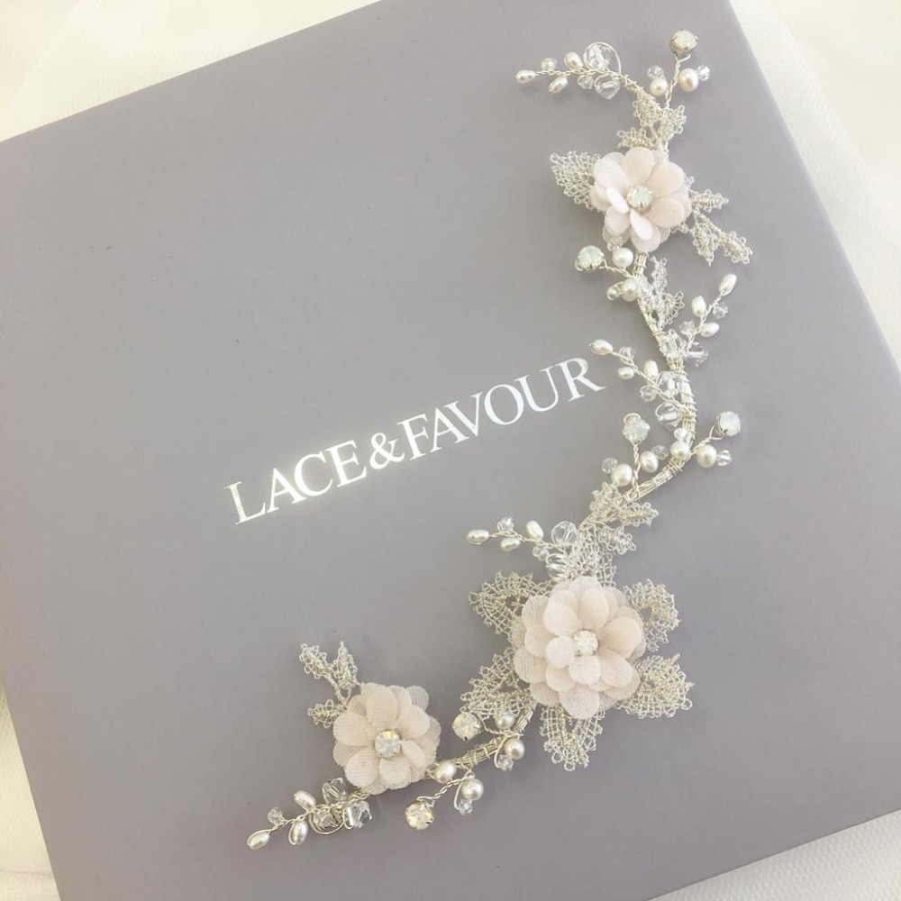 Photograph of Tamsin Blush Flowers and Silver Lace Opal Crystal Hair Vine