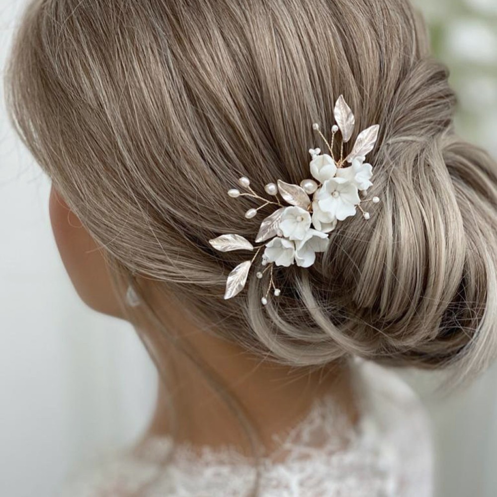 Photograph of Tulippa Porcelain Flowers and Champagne Gold Leaves Hair Comb