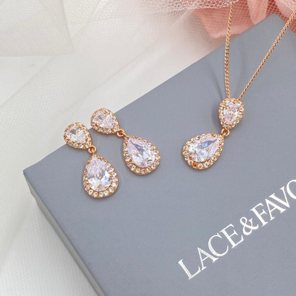 Photograph of Zara Rose Gold Teardrop Crystal Wedding Jewellery Set