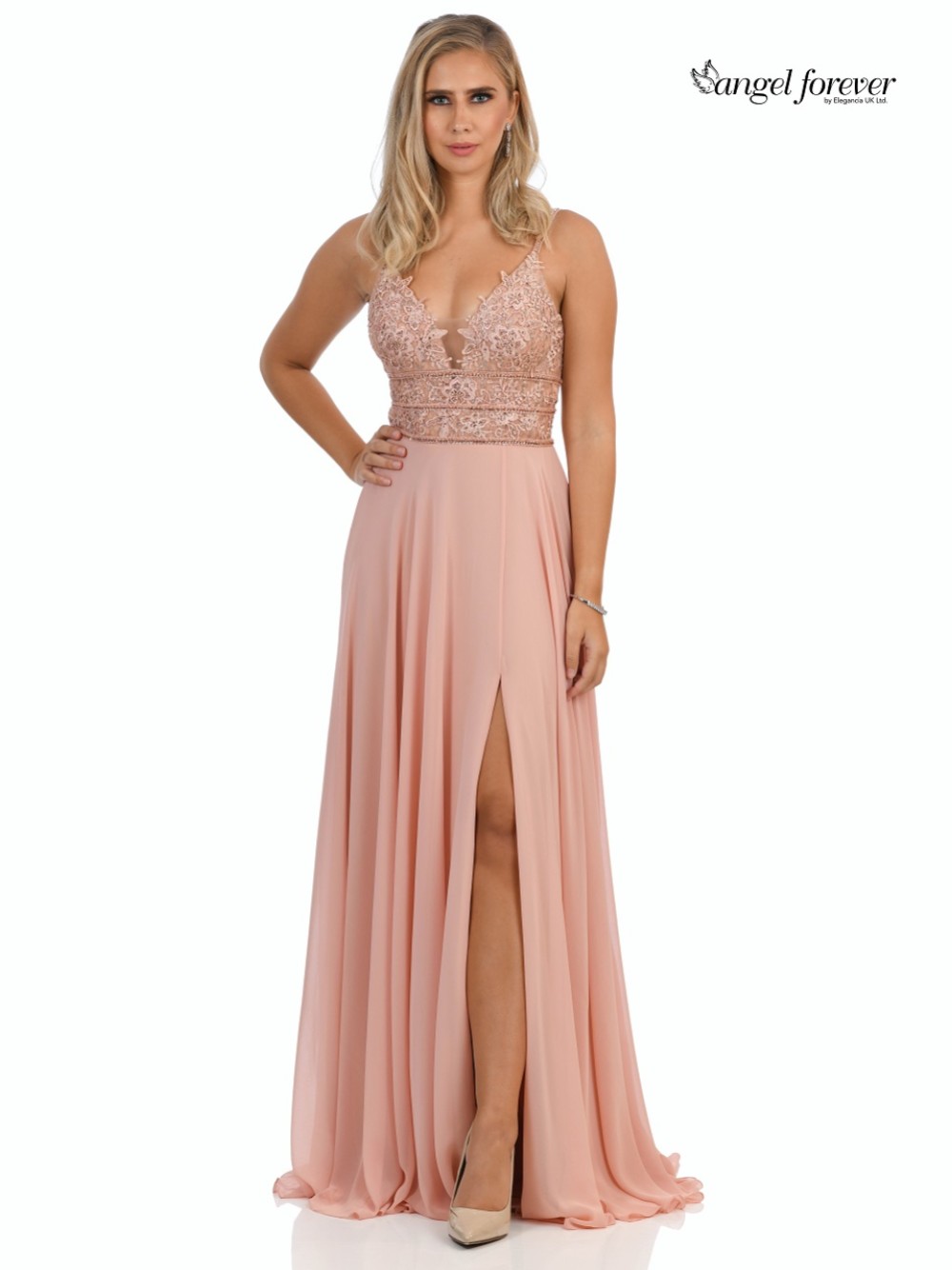 Photograph of Angel Forever Beaded Lace A Line Chiffon Prom Dress with Slit (Rose Pink)