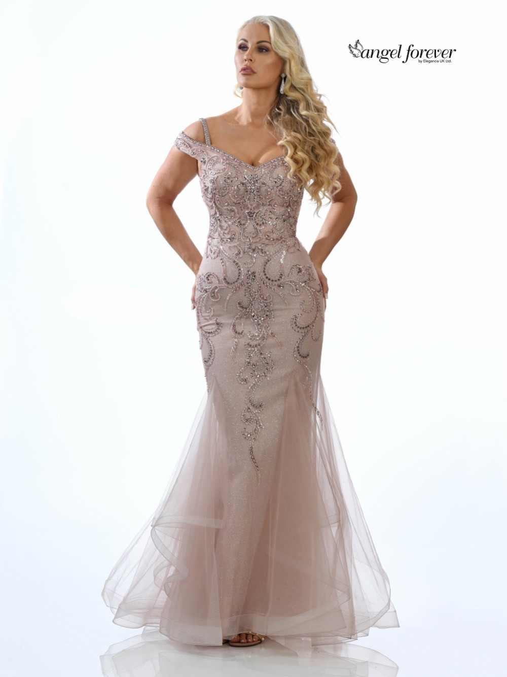 Angel Forever Embellished Shimmer Tulle Fishtail Prom Dress (Rose Gold)
