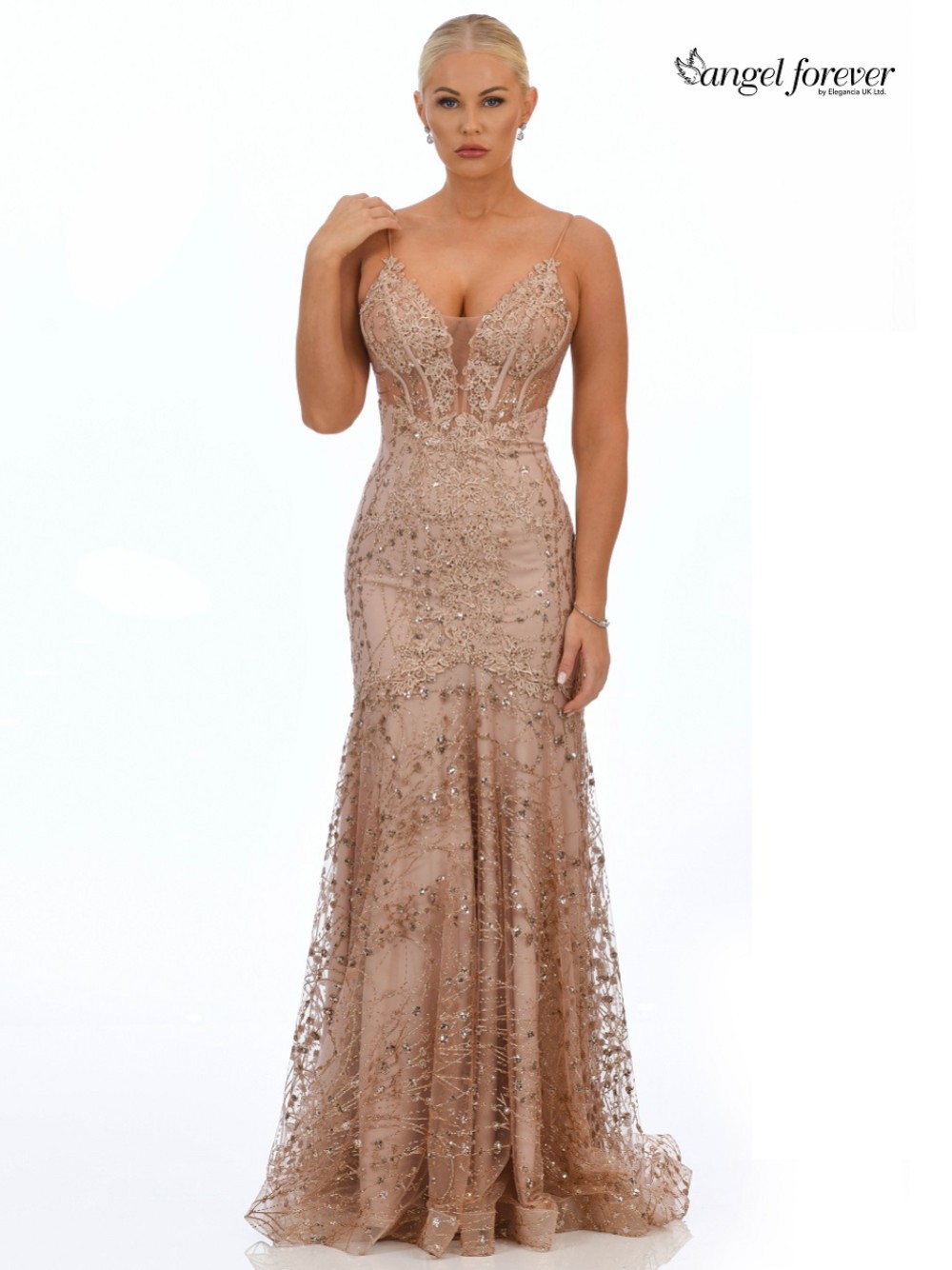 Photograph of Angel Forever Glitter Lace Fitted Corset Prom Dress (Rose Gold)