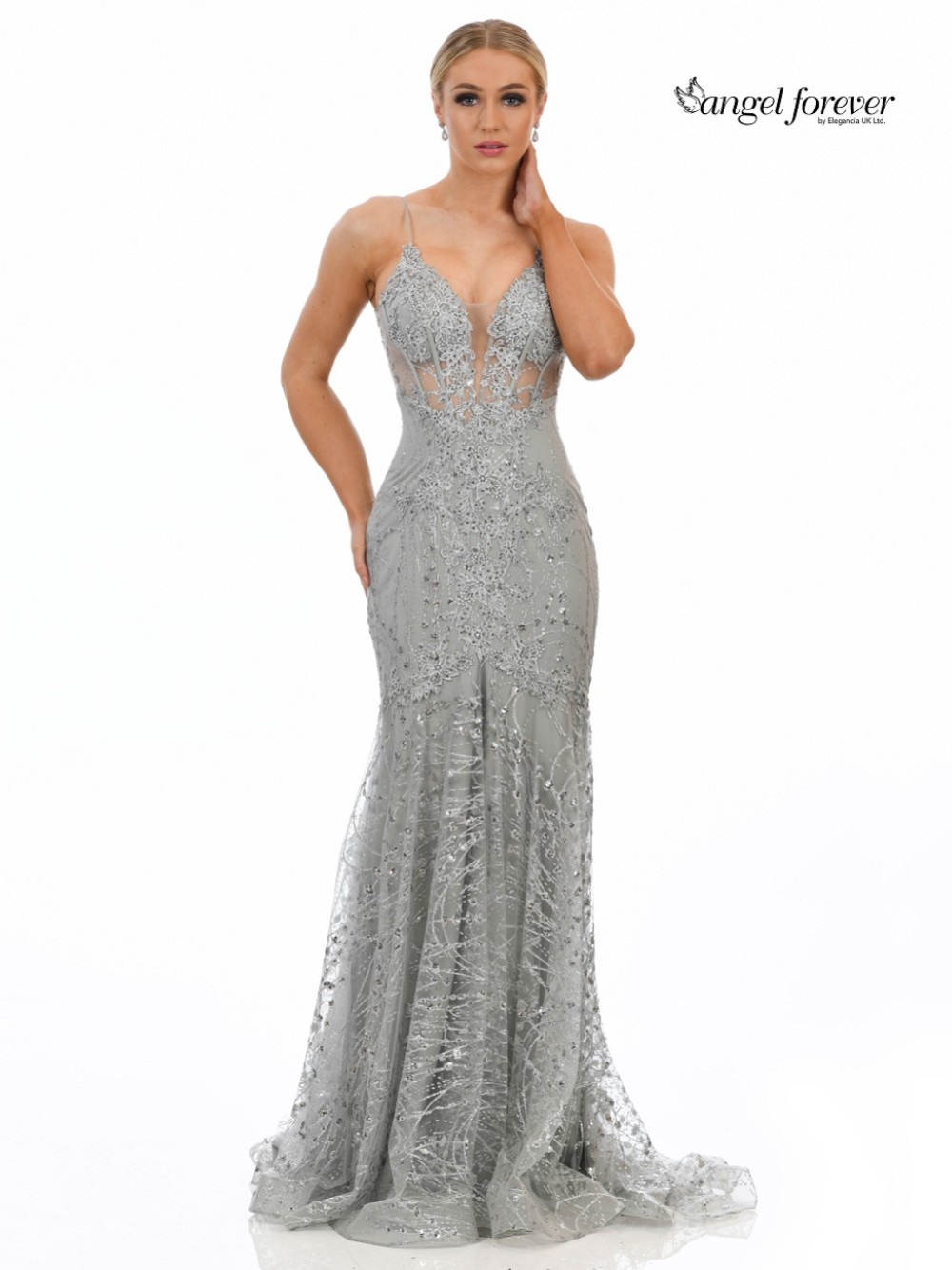 Photograph of Angel Forever Glitter Lace Fitted Corset Prom Dress (Silver)