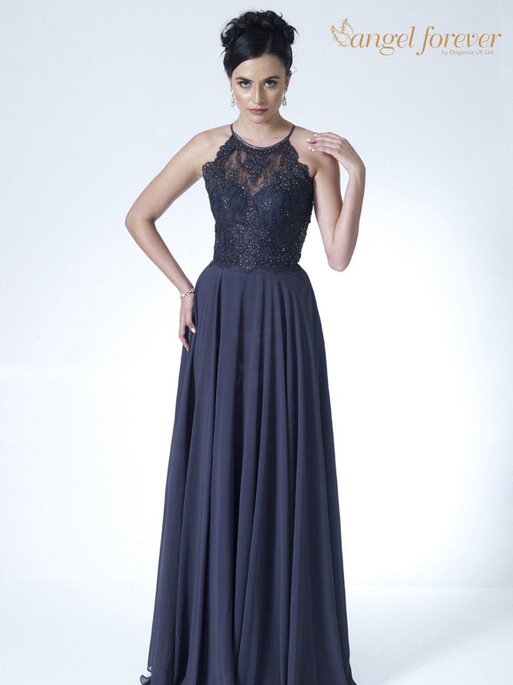 Photograph of Angel Forever High Neck Lace Bodice A Line Chiffon Prom Dress (Charcoal)