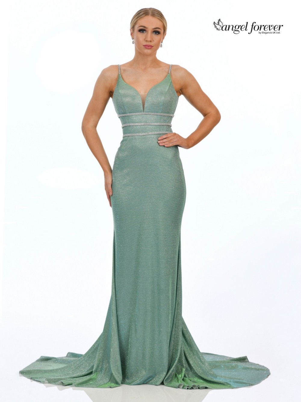 Photograph of Angel Forever Shimmer Fabric Fishtail Prom Dress with Diamante Detail (Mint)