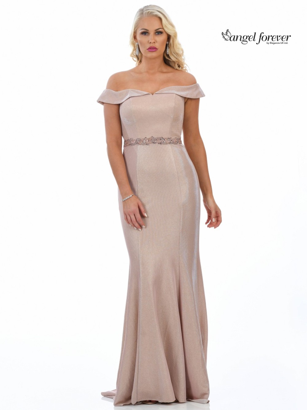 Photograph of Angel Forever Shimmer Fabric Off The Shoulder Prom Dress (Rose Gold)