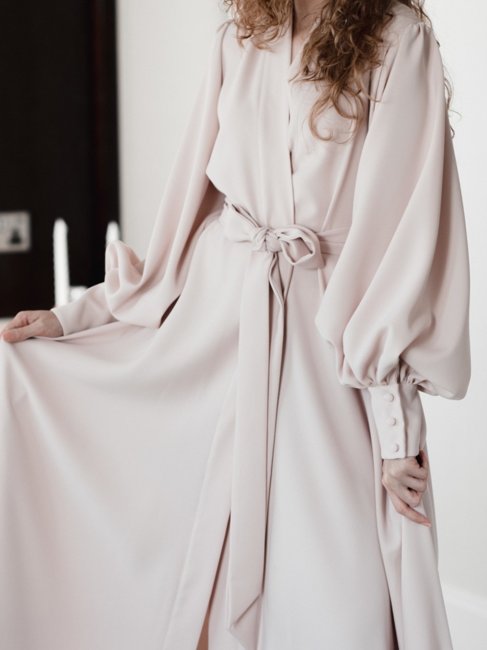 Photograph of Arianna Emmeline Long Crepe Blouson Sleeve Robe (Blush)