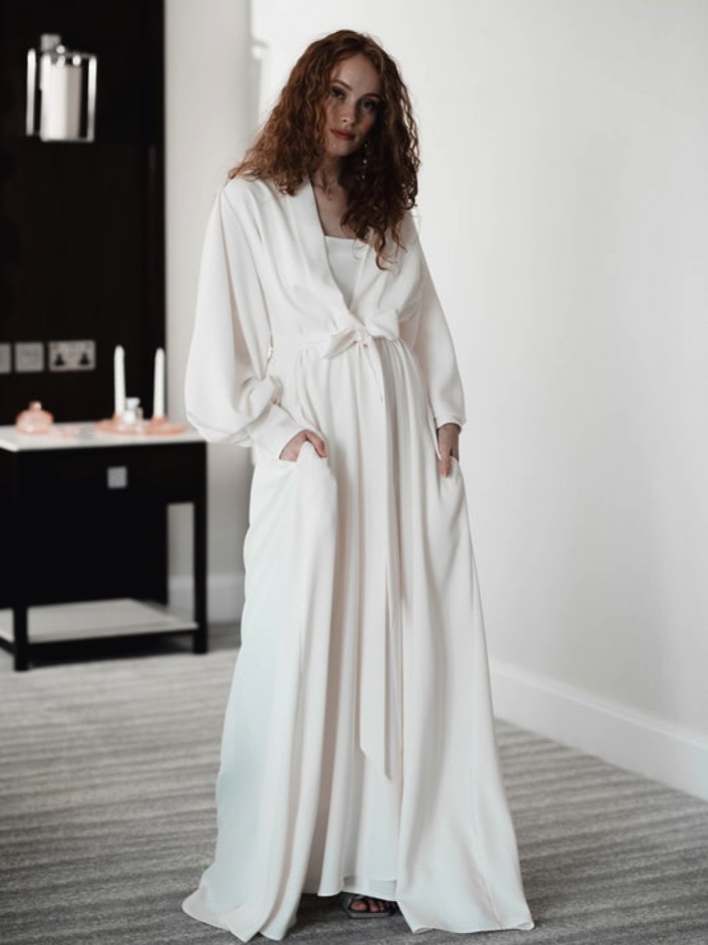 Photograph: Arianna Emmeline Long Crepe Blouson Sleeve Robe (Ivory)