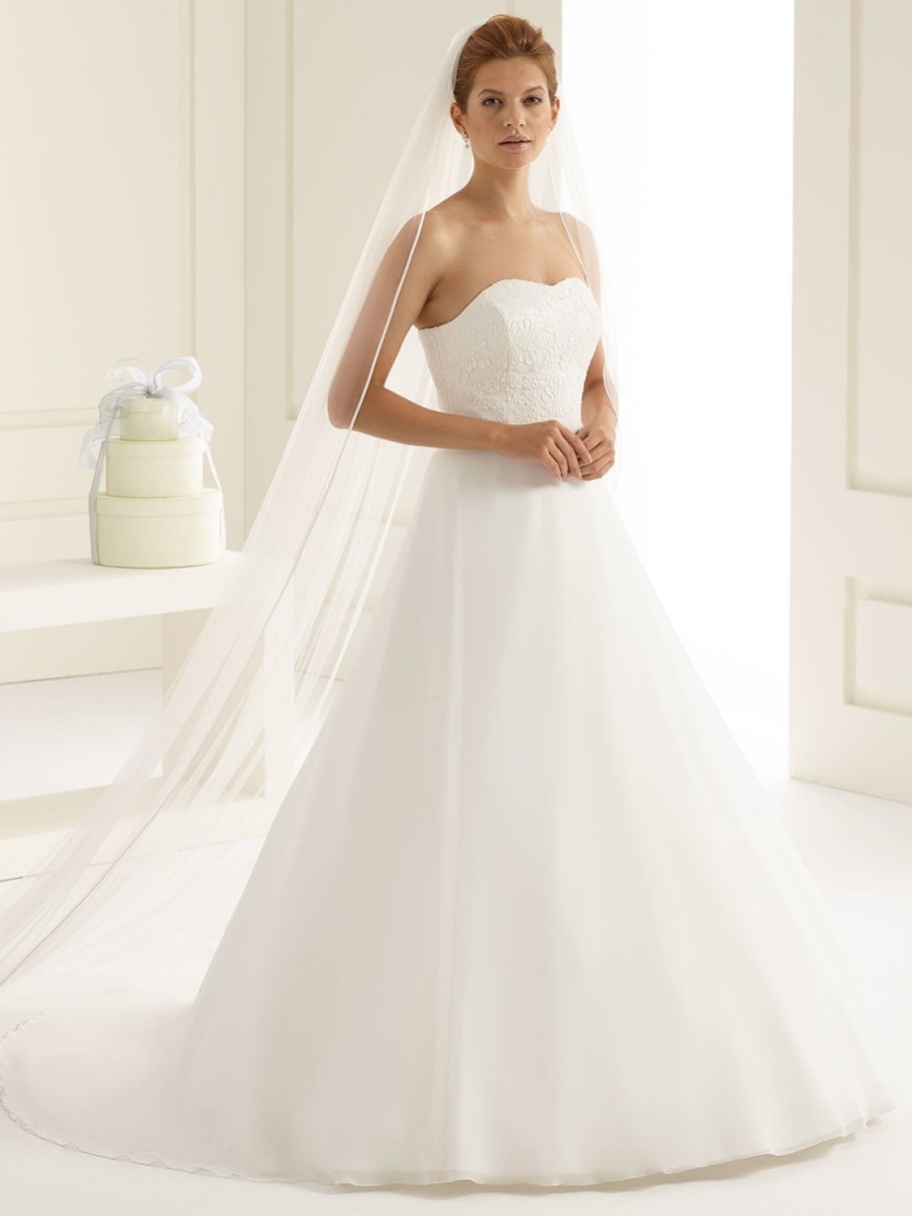 Photograph of Bianco Ivory Single Tier Satin Edge Cathedral Veil S153
