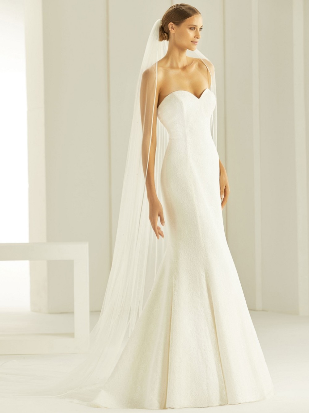 Bianco Ivory Single Tier Satin Edge Cathedral Veil with Crystals S296
