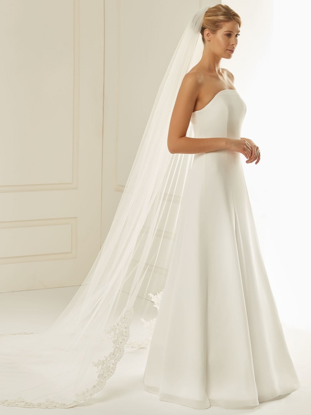 Photograph of Bianco Single Tier Cut Edge Cathedral Veil with Beaded Lace Train S236