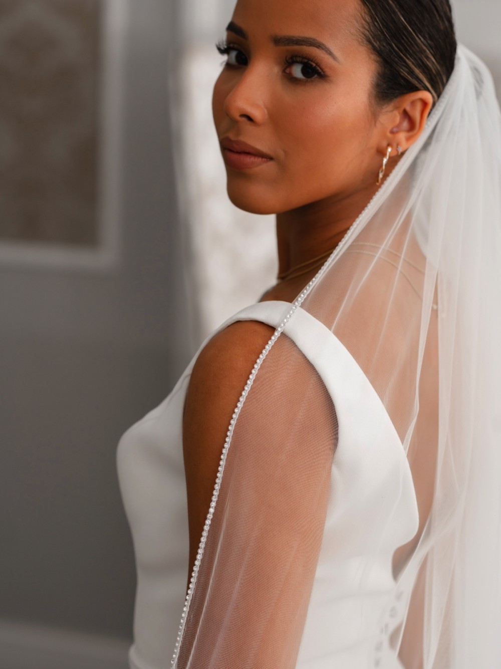 Photograph of Linzi Jay Ivory Single Tier Diamante Edge Bridal Veil LA930