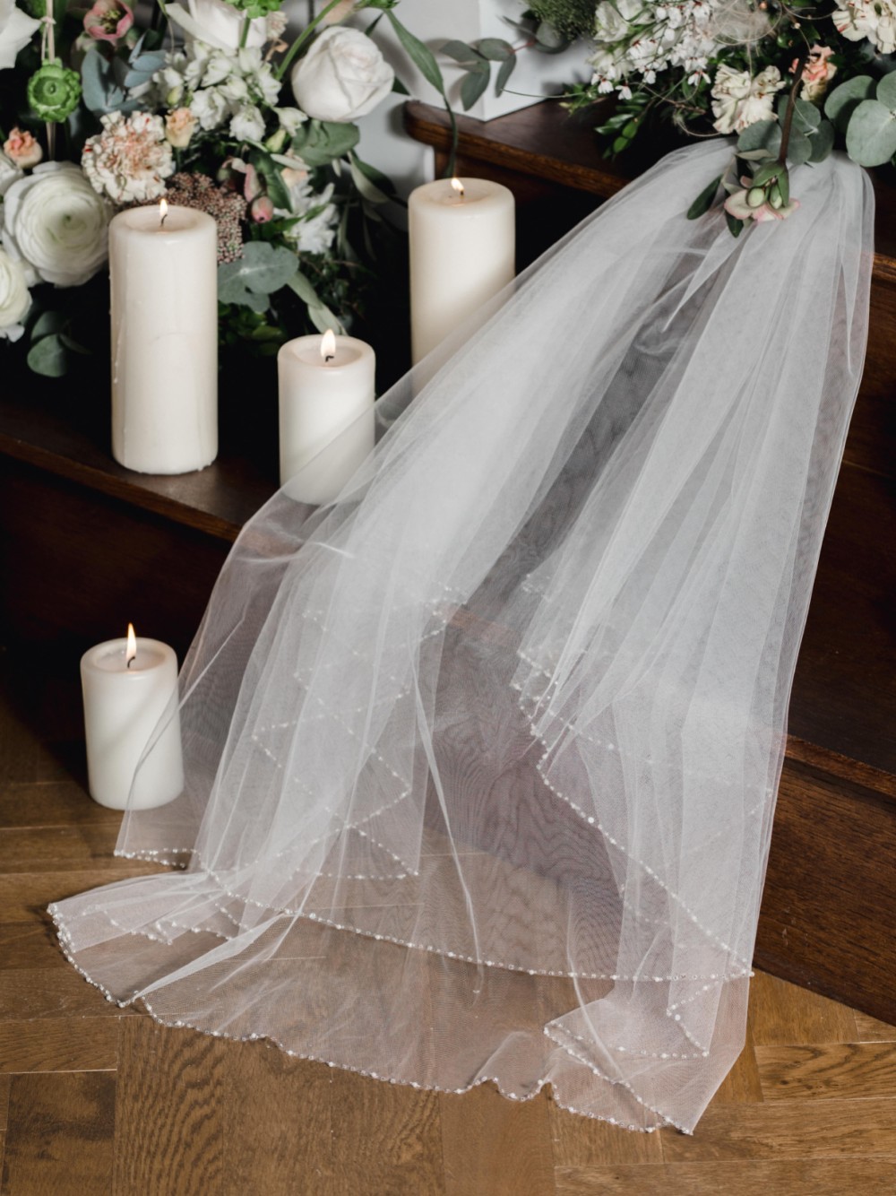 Photograph of Linzi Jay Two Tier Fingertip Veil with Pearl and Beaded Edge LA929