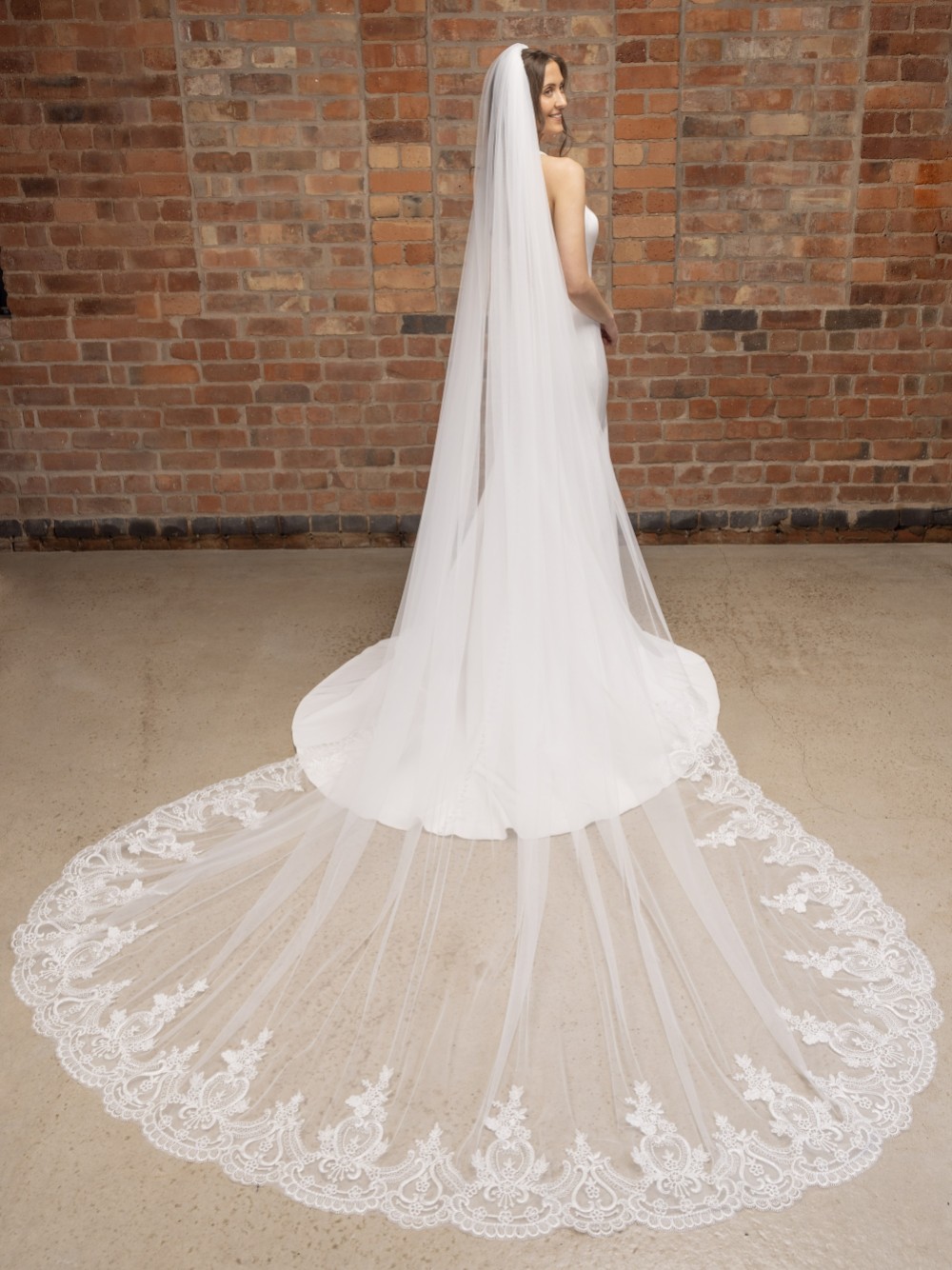 Photograph of Perfect Bridal Ivory Long Single Tier Veil with Lace Train