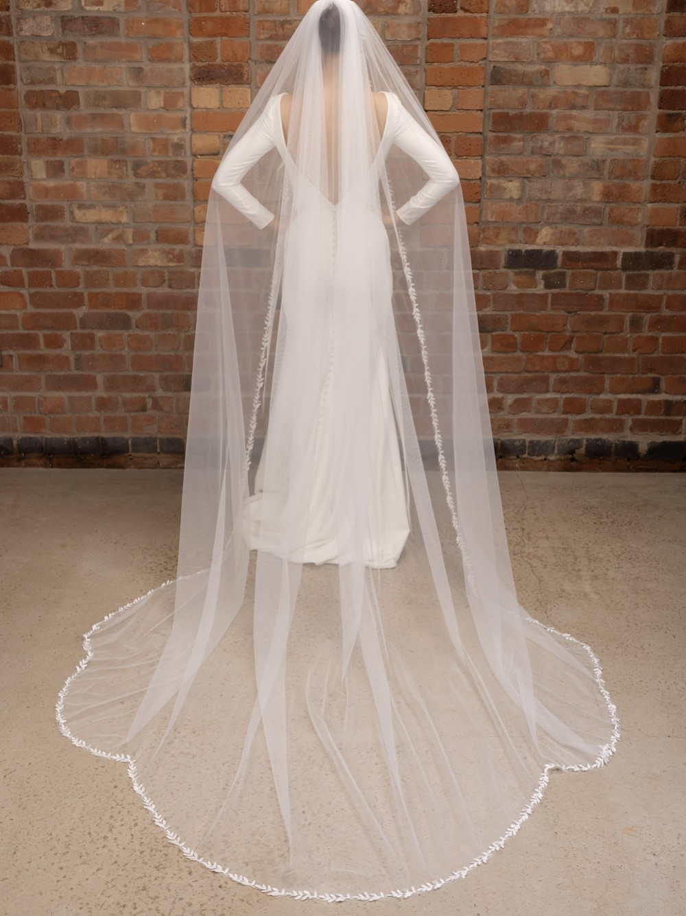 Photograph of Perfect Bridal Ivory Single Tier Cathedral Veil with Lace Leaf Embroidery