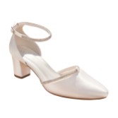 Photograph: Avalia Nel Ivory Satin and Diamante Ankle Strap Mid Block Heels (talons mi-longs en satin et diamants)