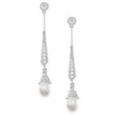 Photograph: Geneva Long Pearl Drop Wedding Earrings (Silver)