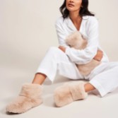 Photograph: Helen Moore Beige Faux Fur Slipper Boots