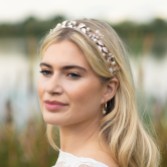 Photograph: Ivory and Co Skylark Rose Gold Leaves and Pearl Hair Vine