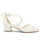 Photograph: Paradox London Blanche Dyeable Ivory Satin Wide Fit Cross Strap Low Block Heels