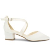 Photograph: Paradox London Blanche Ivory Satin Wide Fit Cross Strap Low Block Heels