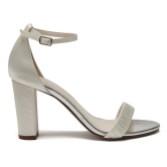 Photograph: Rainbow Club Lois Dyeable Ivory Satin Block Heel Sandals with Ruched Detail (Sandales à talon bloc en satin ivoire teintable avec détails froncés)