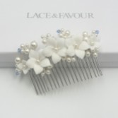 Photograph: Tiffany Pearl and Light Sapphire Crystal Floral Hair Comb