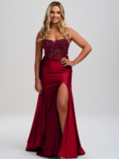 Photograph: Linzi Jay Burgundy Strapless Beaded Corset Prom Dress with Slit (Robe de bal de fin d'année avec bretelles et perles)