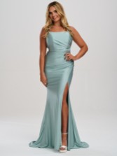 Photograph: Linzi Jay Crossover Back Ruched Stretch Satin Prom Dress with Slit
