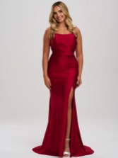 Photograph: Linzi Jay Crossover Back Ruched Stretch Satin Prom Dress with Slit