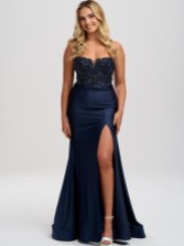 Photograph: Linzi Jay Navy Strapless Beaded Corset Prom Dress with Slit (Robe de bal de fin d'année avec bretelles et perles)