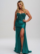 Photograph: Linzi Jay Teal Strapless Beaded Corset Prom Dress with Slit (Robe de bal de fin d'année avec bretelles et perles)