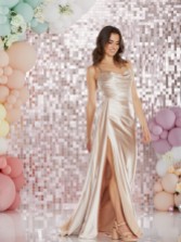 Photograph: Tiffanys Aura Champagne Satin Fitted Cowl Neck Prom Dress with Slit