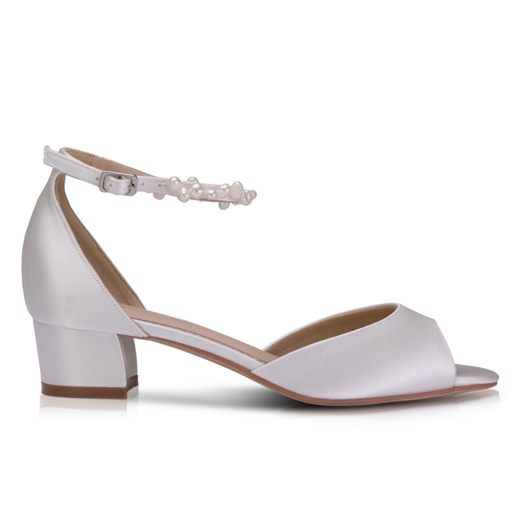 Perfect Bridal Fiona Ivory Satin Block Heel Pearl Ankle Strap Sandals