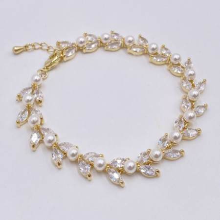 Amalia Gold Cubic Zirconia and Pearl Wedding Bracelet