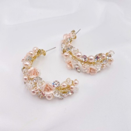 Amelia Blush Porcelain Flower Gold Hoop Earrings