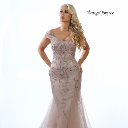 Angel Forever Embellished Shimmer Tulle Fishtail Prom Dress (Rose Gold)