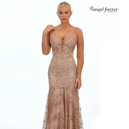 Angel Forever Glitter Lace Fitted Corset Prom Dress (Rose Gold)